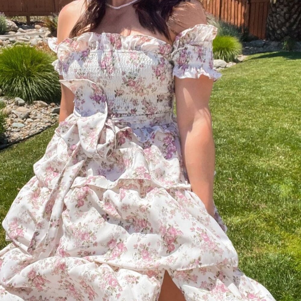 Elegant Romance Unveiled | Cream Floral Print Maxi Dress with Tiered Ruffles